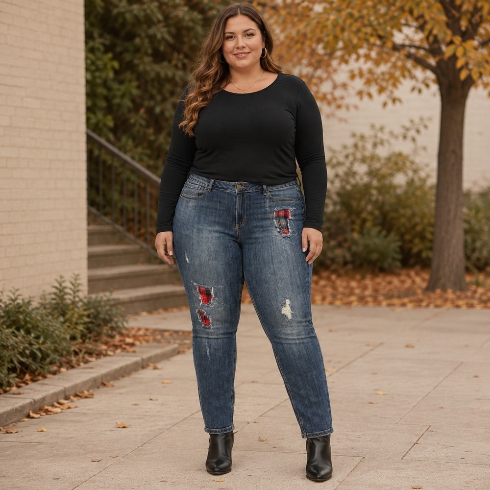Lane Bryant Skinny Jeans Blue Buffalo Plaid Distressed Patchwork Holiday Size 18
